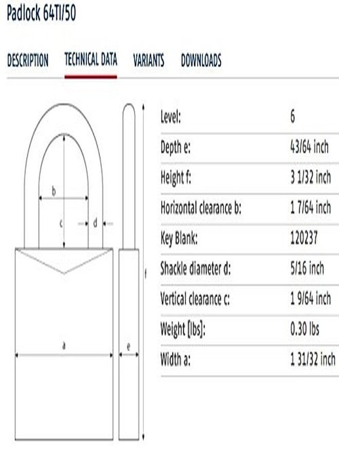 ABUS 64TI/50 C Titalium Aluminum Alloy Padlock Keyed Different - Image 2