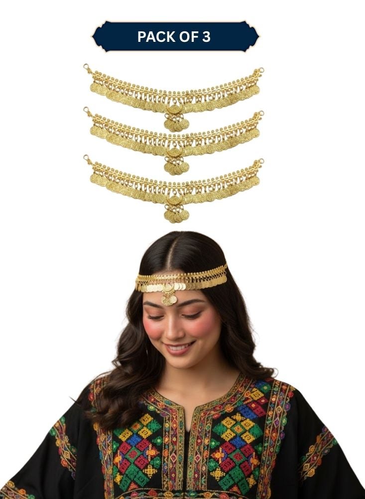 ARFA Asiri Traditional Gold Head Jewelry for Women – Saudi Foundation Day Heritage Headpiece with Coin Detailing, Classic Asiri Hair Ornament to Style with Jalabiya and Cultural Dresses (Pack of 3) - Image 1