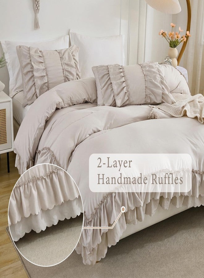 Herside Beige Boho Comforter Queen Size,Shabby Chic Ruffle Bedding Set,2 Layers Ruffles Fluffy Vintage Comforter Home Decor,Farmhouse 3 Pcs Microfiber Lightweight Comforter Set for Women Girls - Image 3