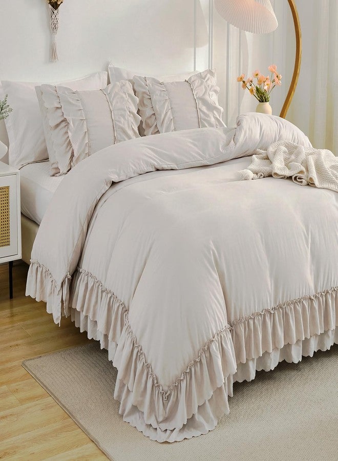 Herside Beige Boho Comforter Queen Size,Shabby Chic Ruffle Bedding Set,2 Layers Ruffles Fluffy Vintage Comforter Home Decor,Farmhouse 3 Pcs Microfiber Lightweight Comforter Set for Women Girls - Image 1