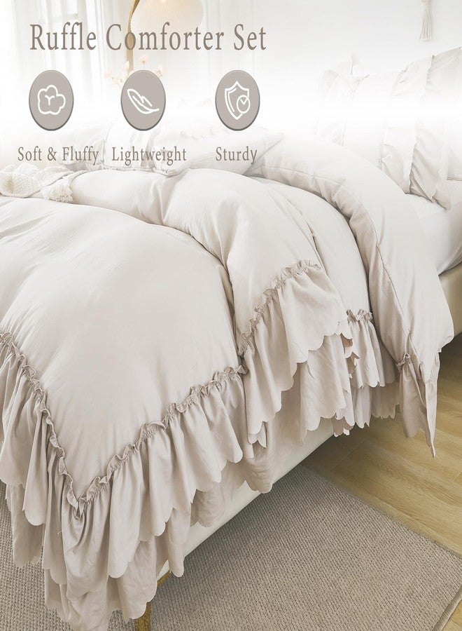 Herside Beige Boho Comforter Queen Size,Shabby Chic Ruffle Bedding Set,2 Layers Ruffles Fluffy Vintage Comforter Home Decor,Farmhouse 3 Pcs Microfiber Lightweight Comforter Set for Women Girls - Image 4