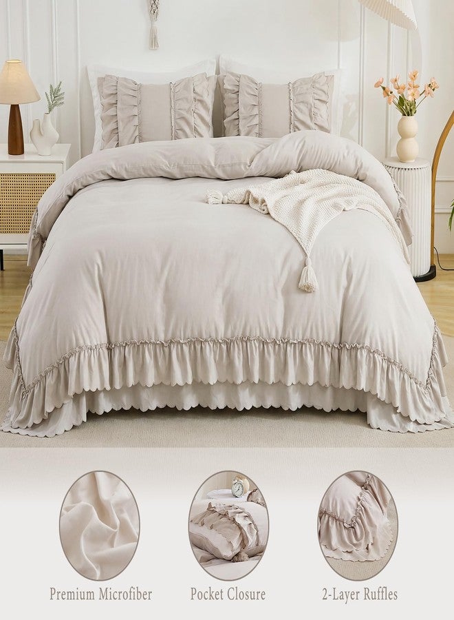 Herside Beige Boho Comforter Queen Size,Shabby Chic Ruffle Bedding Set,2 Layers Ruffles Fluffy Vintage Comforter Home Decor,Farmhouse 3 Pcs Microfiber Lightweight Comforter Set for Women Girls - Image 2