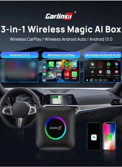 Android 13  CarPlay Ai Box LED 8-Cores Wireless Android Auto& CarPlay Car USB Adapter 64G 128G FOTA Upgrade