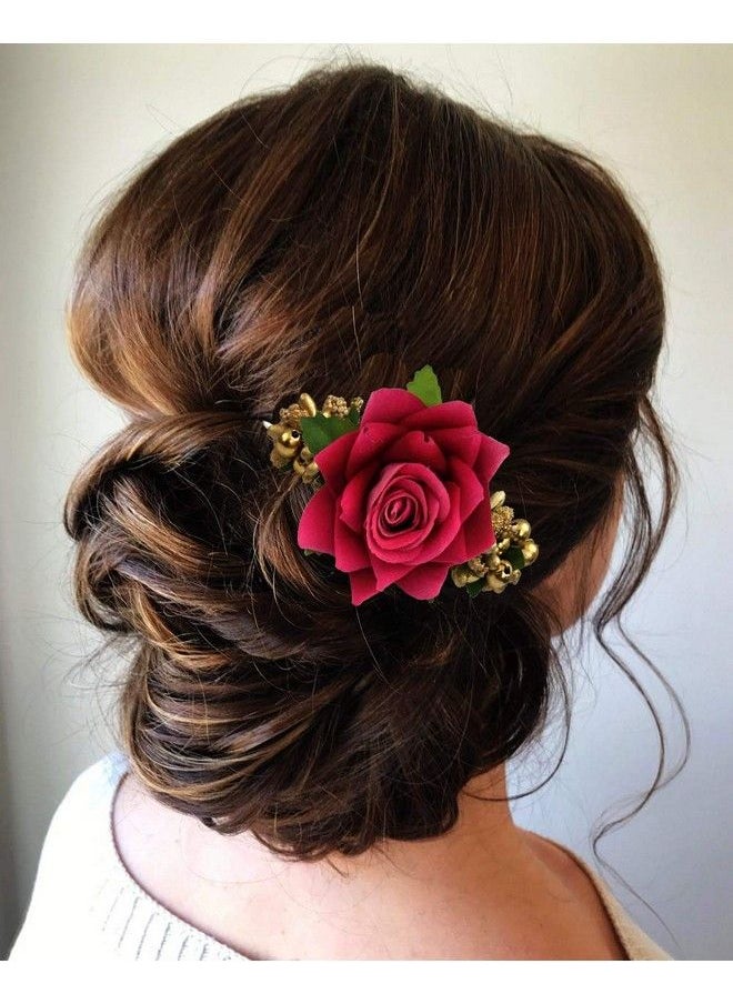 Hair Flare - Plastic Hair Accessories For Women Stylish 1941 Pins Artificial Flowers Accessories For Weddings Golden (Dark Pink) Pack Of 1 - Image 1