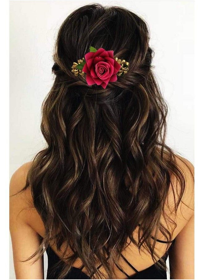 Hair Flare - Plastic Hair Accessories For Women Stylish 1941 Pins Artificial Flowers Accessories For Weddings Golden (Dark Pink) Pack Of 1 - Image 1