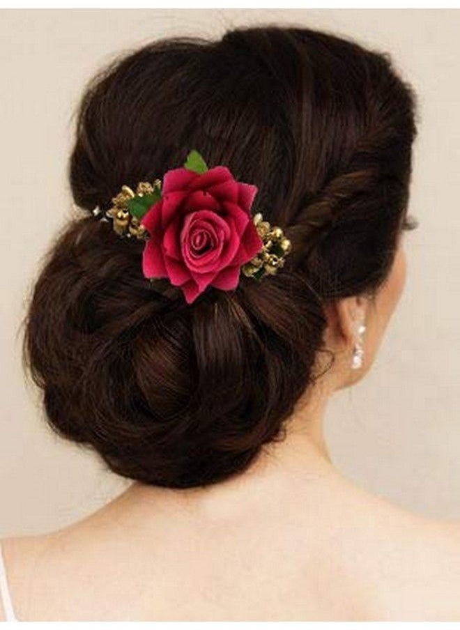Hair Flare - Plastic Hair Accessories For Women Stylish 1941 Pins Artificial Flowers Accessories For Weddings Golden (Dark Pink) Pack Of 1 - Image 1