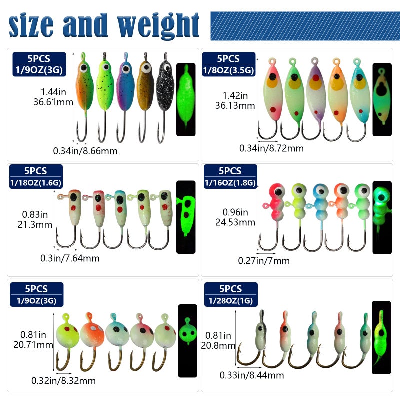 Dovesun Fishing Kit Ice Fishing Jigs Luminous Ice Fishing Lures Walleye Fishing Lures Crappie Jigs 30pcs - Image 5