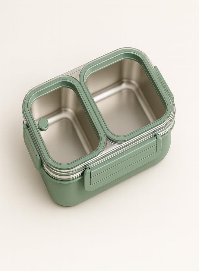 KitchEase Stainless Steel Lunch Box | 2 Compartments, 1000ML | Leak Proof Tiffin for School Kids and Office Adults Diet Food Partition Safety Lock Airtight Containers (Green) - Image 1