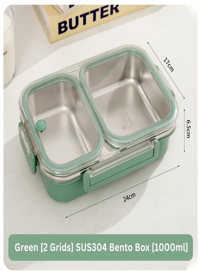 KitchEase Stainless Steel Lunch Box | 2 Compartments, 1000ML | Leak Proof Tiffin for School Kids and Office Adults Diet Food Partition Safety Lock Airtight Containers (Green) - Image 2