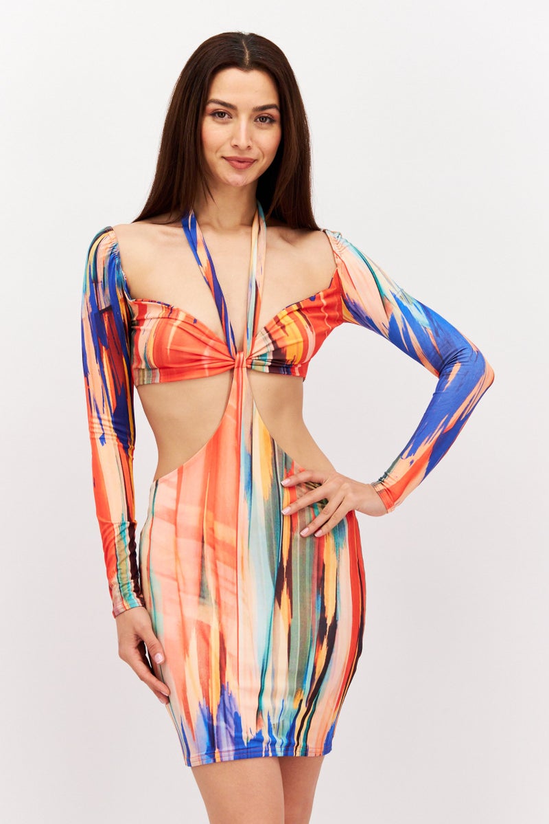 PUBLIC DESIRE Women Tie Dye Bodycon Dress, Red Combo - Image 1