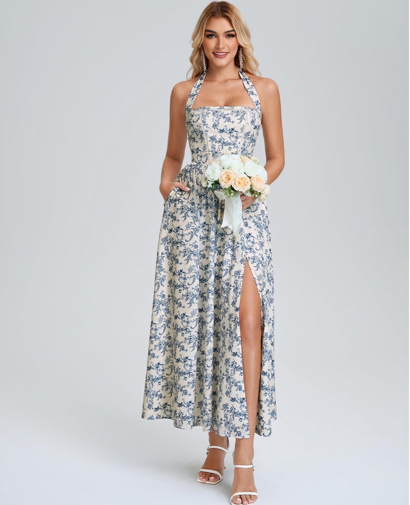 GLNEGE Halter Midi Corset Dresses Spring Summer Wedding Guest Floral Dress for Women Flowy Slit Tea Party Sundress with Pockets Bluefloral - Image 2