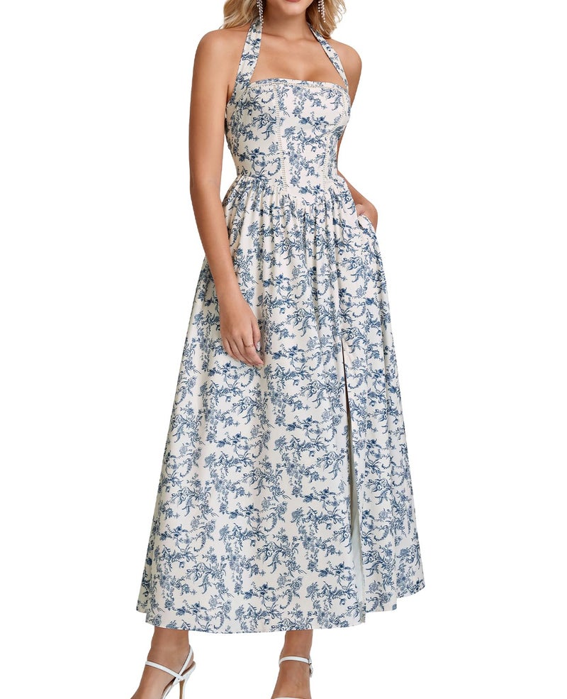 GLNEGE Halter Midi Corset Dresses Spring Summer Wedding Guest Floral Dress for Women Flowy Slit Tea Party Sundress with Pockets Bluefloral - Image 1
