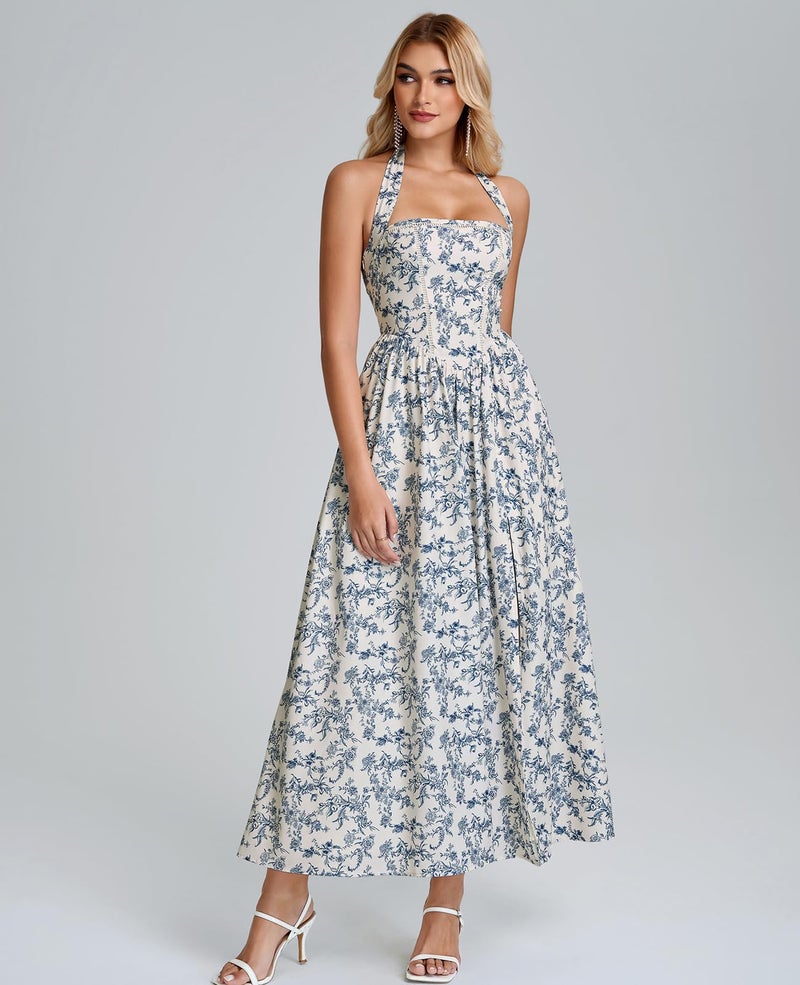 GLNEGE Halter Midi Corset Dresses Spring Summer Wedding Guest Floral Dress for Women Flowy Slit Tea Party Sundress with Pockets Bluefloral - Image 5