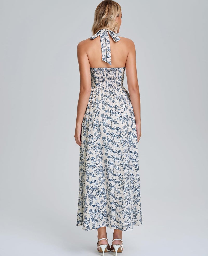 GLNEGE Halter Midi Corset Dresses Spring Summer Wedding Guest Floral Dress for Women Flowy Slit Tea Party Sundress with Pockets Bluefloral - Image 3