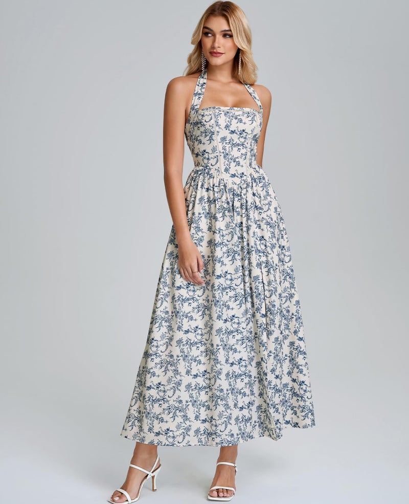 GLNEGE Halter Midi Corset Dresses Spring Summer Wedding Guest Floral Dress for Women Flowy Slit Tea Party Sundress with Pockets Bluefloral - Image 4