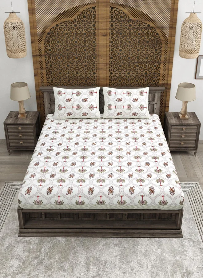 CLOTHOLOGY CLOTHOLOGY Cream-Coloured Printed Pure Cotton 180 TC King Bedsheet Set With 2 Pillow Covers