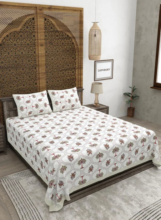 CLOTHOLOGY CLOTHOLOGY Cream-Coloured Printed Pure Cotton 180 TC King Bedsheet Set With 2 Pillow Covers