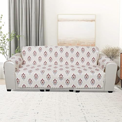 KINGLY Velvet 2 Seater Quilted Digital Printed Sofa Cover Pink Passion, Beige Cream - Image 1
