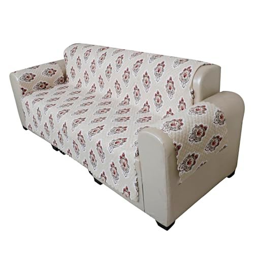 KINGLY Velvet 2 Seater Quilted Digital Printed Sofa Cover Pink Passion, Beige Cream - Image 3
