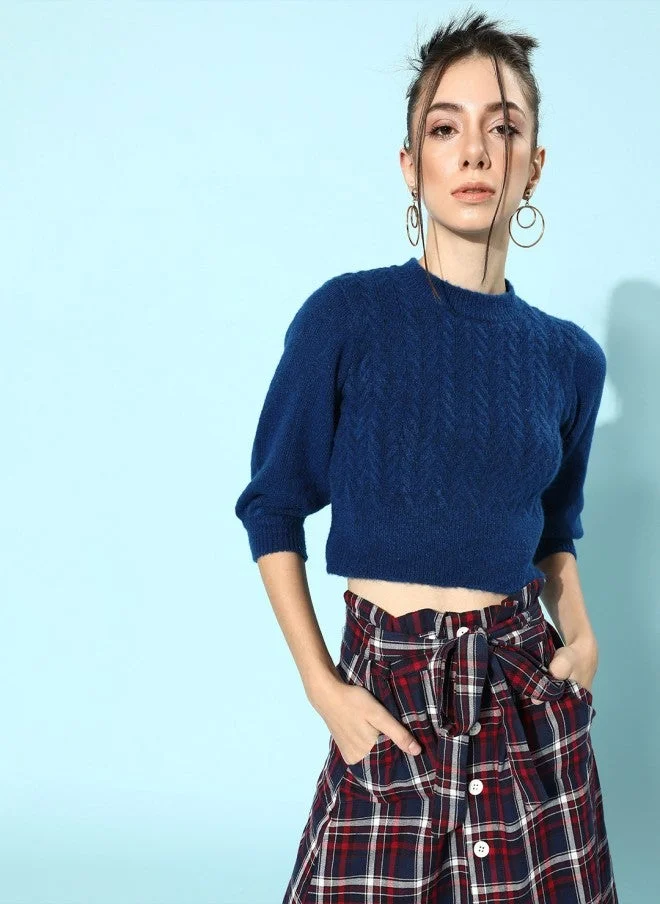 STREET 9  Blue Cable Knit Acrylic Crop Pullover for Women for Women | Best Price UAE