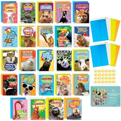 T MARIE 24 Funny Animal Joke Notecards With No Repeats - Humorous Bulk Cards Set - 4.5” x 6.25” Thinking of You Cards for Friends, Kids, Students, Teachers, Summer Camp and More - Image 1