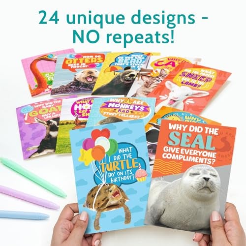 T MARIE 24 Funny Animal Joke Notecards With No Repeats - Humorous Bulk Cards Set - 4.5” x 6.25” Thinking of You Cards for Friends, Kids, Students, Teachers, Summer Camp and More - Image 2
