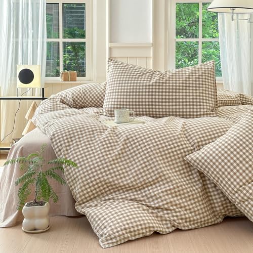 LifeTB Tan Plaid Gingham Duvet Cover King 3 Pieces Checkered Grid Duvet Cover 100% Washed Cotton Beige Plaid Comforter Cover with Zipper Closure 2 Pillowcases Luxury Soft Gingham Bedding Set Breathable - Image 4