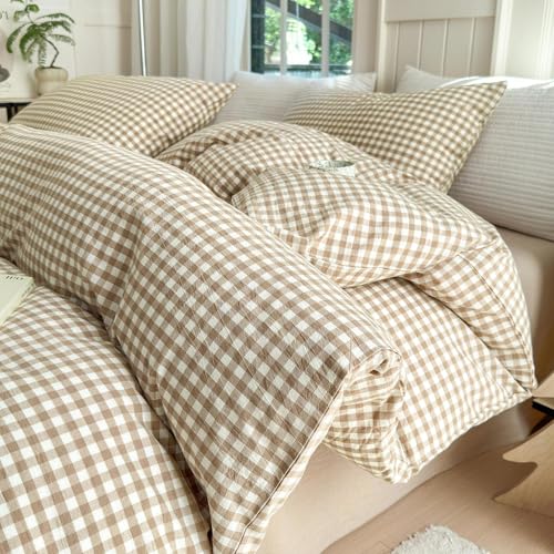 LifeTB Tan Plaid Gingham Duvet Cover King 3 Pieces Checkered Grid Duvet Cover 100% Washed Cotton Beige Plaid Comforter Cover with Zipper Closure 2 Pillowcases Luxury Soft Gingham Bedding Set Breathable - Image 3