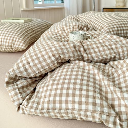 LifeTB Tan Plaid Gingham Duvet Cover King 3 Pieces Checkered Grid Duvet Cover 100% Washed Cotton Beige Plaid Comforter Cover with Zipper Closure 2 Pillowcases Luxury Soft Gingham Bedding Set Breathable - Image 5