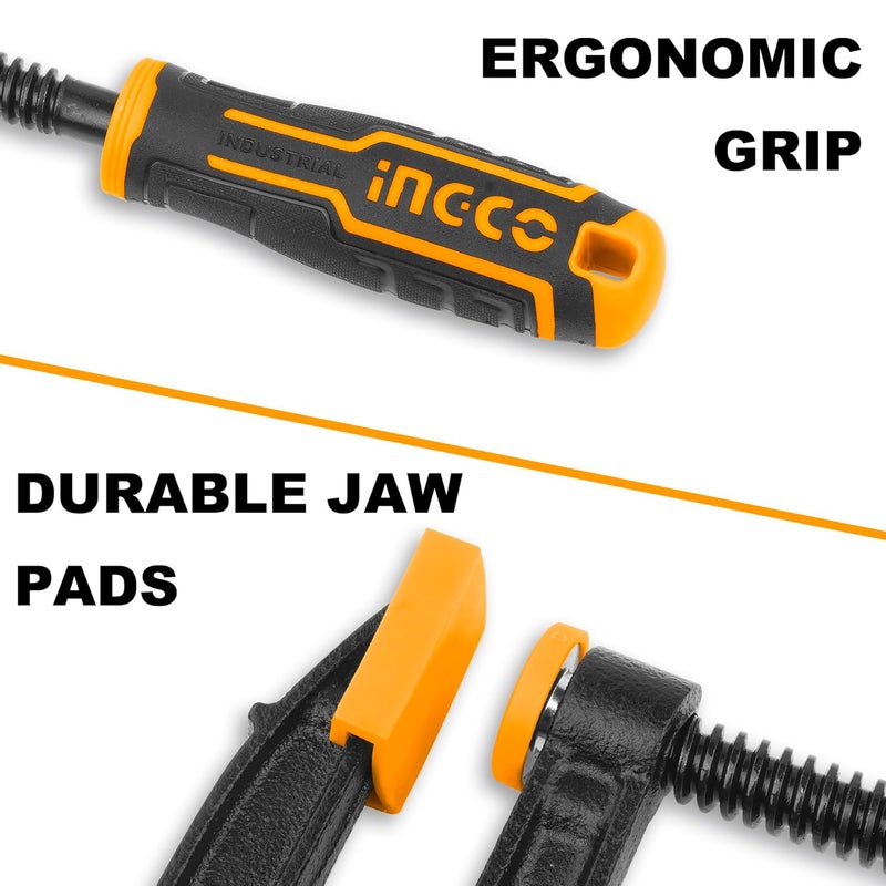 INGCO 2 PCS F Clamps 50x250mm F Clamp with Rubberized Handle and Surface Protection PVC Cover for Better Grip Metal F Clamps for Woodworking Glass and Welding Works - Image 4
