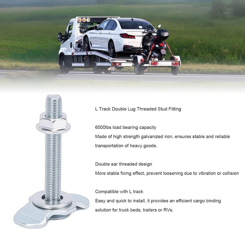 aqxreight L Track Threaded Stud Fittings Heavy Duty Double Lug Design 6000lbs Load Capacity for Truck Bed Trailer RV ATV Cargo Control 8pcs M8x60 Galvanized Iron (Silver) - Image 5