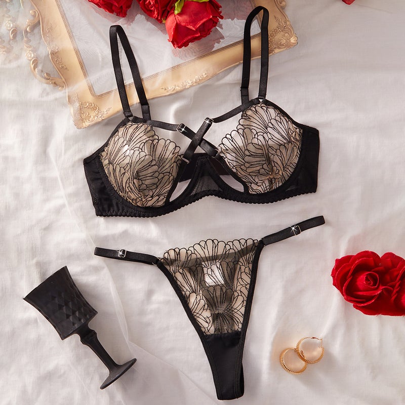 Summer Cool Ultra-Thin Embroidered Lace Underwire Sexy Semi-See-Through Mesh Push-Up Lingerie Set - Image 1