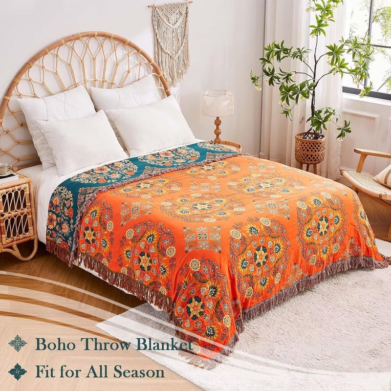 XIBLC بطانية بوهو من XIBLC، 100% قطن، فاخرة وناعمة للغاية، مقاس 60" × 80"، بطانيات زخرفية بنمط زهور، مناسبة لفصل الصيف، قابلة للتحويل للاستخدام في جميع المواسم. - Image 5
