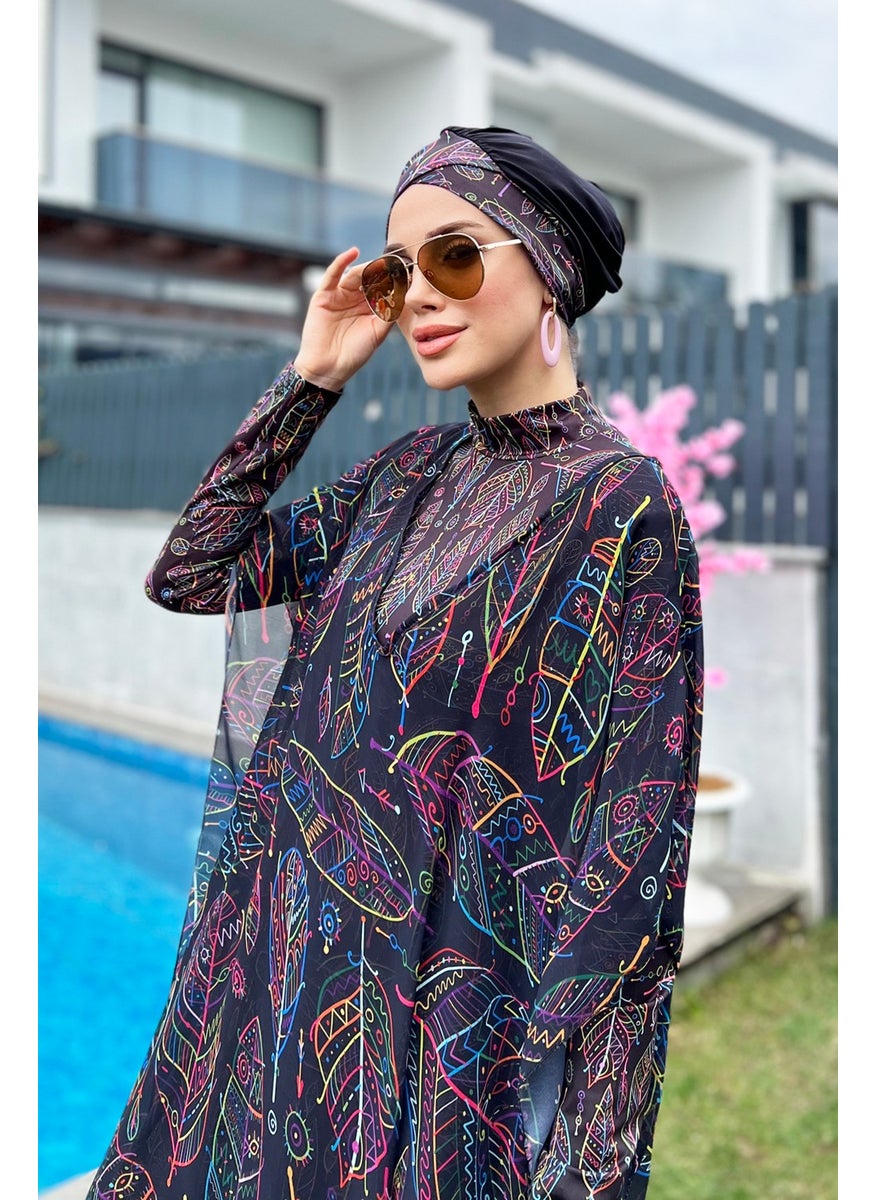 Remsa Mayo Remsa Swimsuit Remsa Modest Swimsuit Patterned Single Kaftan Pareo Colorful Leaf Theme 430-303 Zeynep  - Image 5