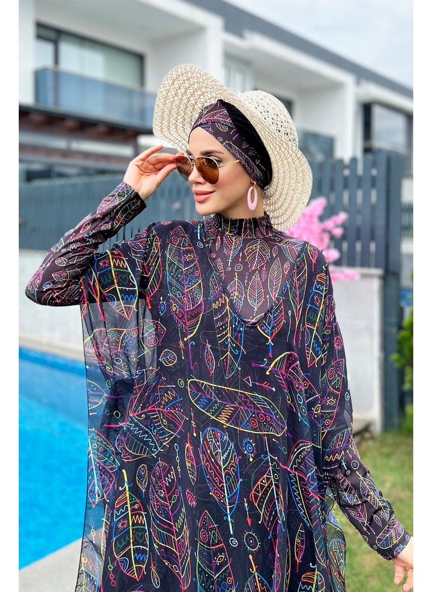 Remsa Mayo Remsa Swimsuit Remsa Modest Swimsuit Patterned Single Kaftan Pareo Colorful Leaf Theme 430-303 Zeynep  - Image 1