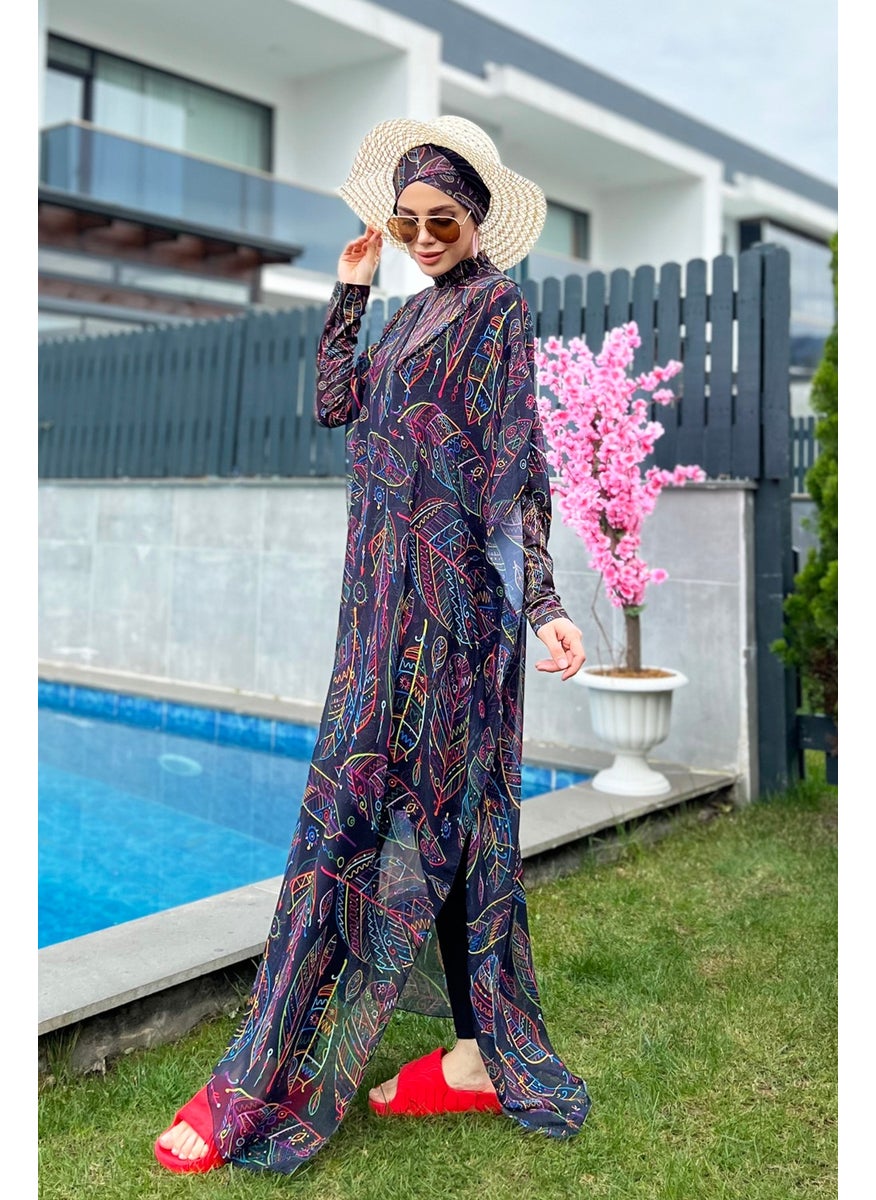 Remsa Mayo Remsa Swimsuit Remsa Modest Swimsuit Patterned Single Kaftan Pareo Colorful Leaf Theme 430-303 Zeynep  - Image 3
