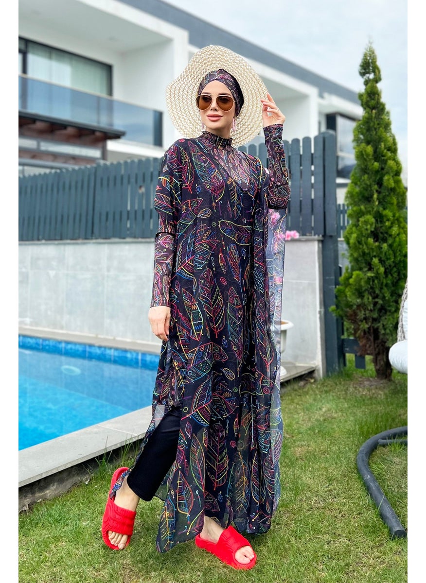Remsa Mayo Remsa Swimsuit Remsa Modest Swimsuit Patterned Single Kaftan Pareo Colorful Leaf Theme 430-303 Zeynep  - Image 4