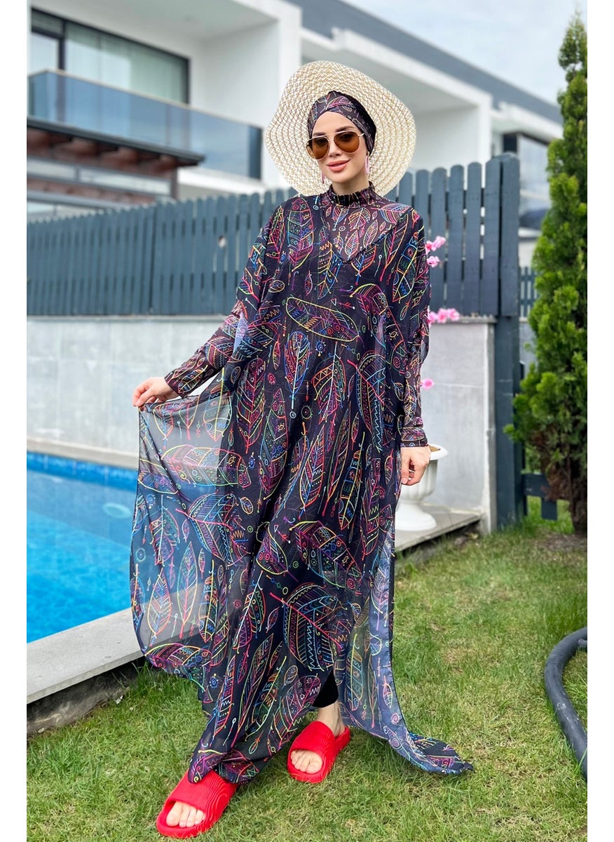 Remsa Mayo Remsa Swimsuit Remsa Modest Swimsuit Patterned Single Kaftan Pareo Colorful Leaf Theme 430-303 Zeynep  - Image 2