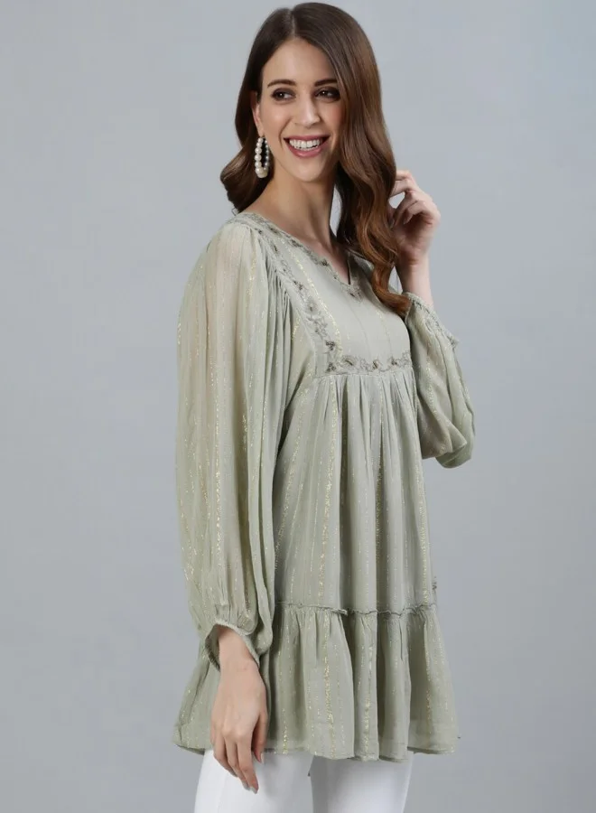 ISHIN A-Line Fit Self Design Pattern V Neck Three Quarter Sleeves Grey Colour Woven Georgette Tops