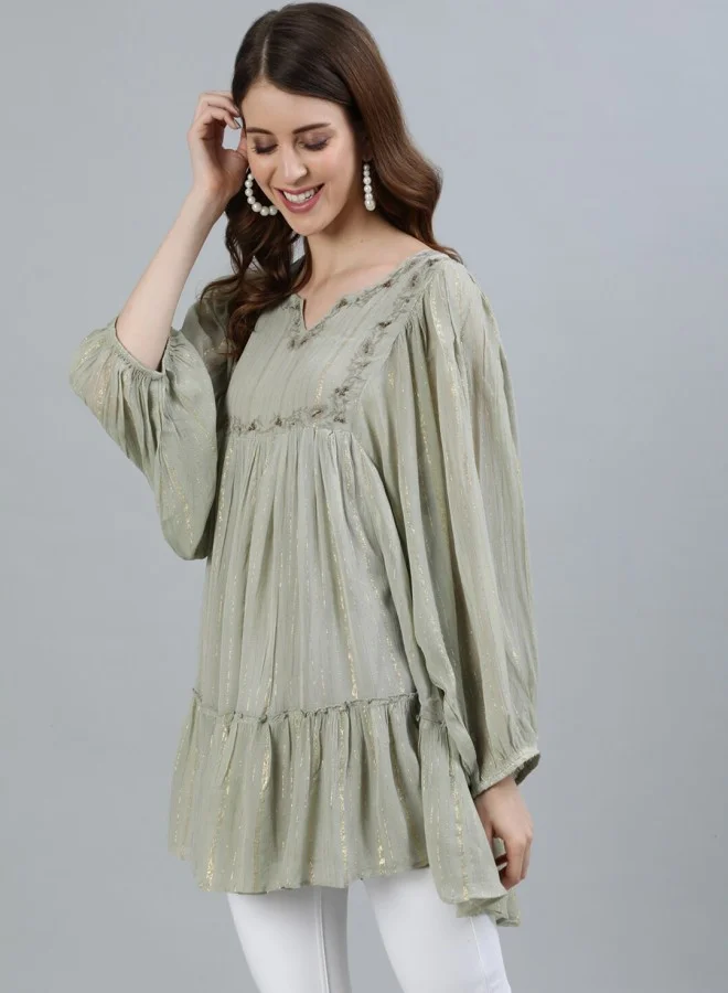 ISHIN A-Line Fit Self Design Pattern V Neck Three Quarter Sleeves Grey Colour Woven Georgette Tops