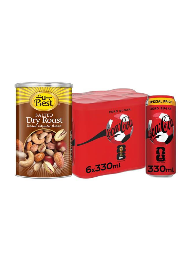 noon Best Dry Roast Mix Nuts 450grams + Coca Cola Zero Calories Carbonated Soft Drink Can 330ml Pack of 6