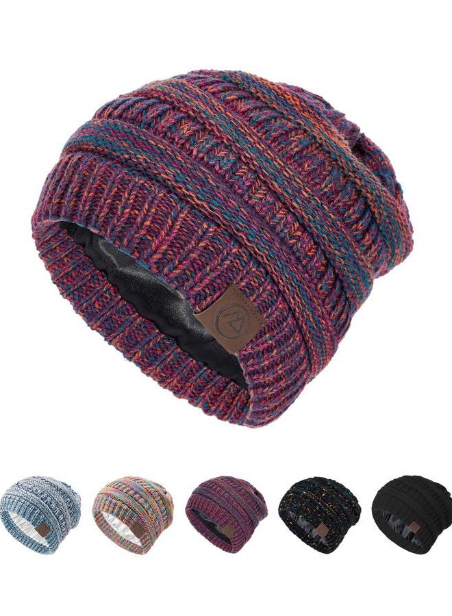 Durio Women Slouchy Beanie - Windproof Satin Lined Winter Hat for Women with Silk Lining Soft Knit Warm Thermal Cap, Purple Mix, One size - Image 1