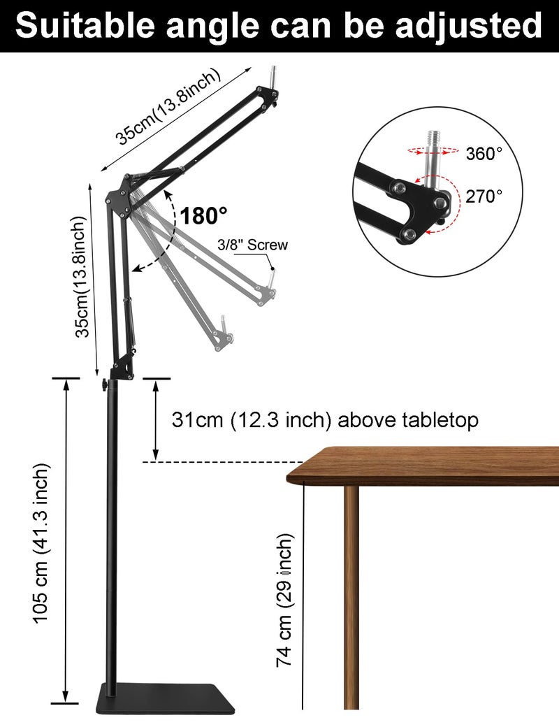 Oimlfus Mic Stand Floor Boom Arm with 6.6lbs Weighted Base for Blue Yeti, Nano, Snowball, HyperX QuadCast, SM7B MV7, Fifine K688 and More Mic, Floor Microphone Stand with 3/8" to 5/8" 1/4" Screw, Pop Filter - Image 3