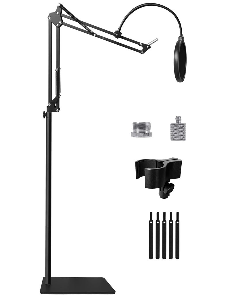 Oimlfus Mic Stand Floor Boom Arm with 6.6lbs Weighted Base for Blue Yeti, Nano, Snowball, HyperX QuadCast, SM7B MV7, Fifine K688 and More Mic, Floor Microphone Stand with 3/8" to 5/8" 1/4" Screw, Pop Filter - Image 1