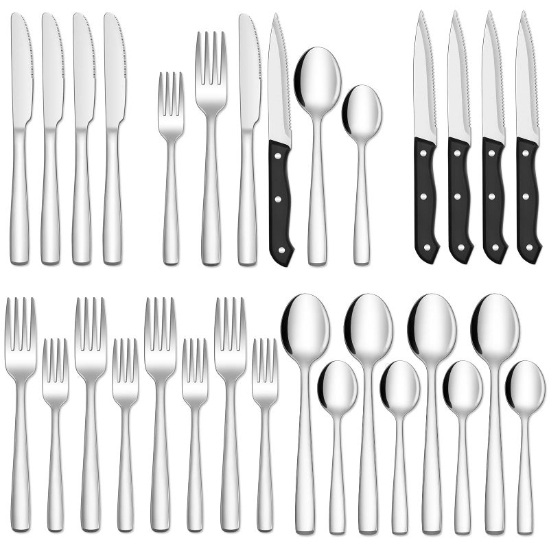 Hiware 24-Piece Silverware Set with Steak Knives, Stainless Steel Flatware Cutlery, Mirror Polished Flatware Serving Utensils Set for 4, Includes Forks Spoons Knives Silverware, Dishwasher Safe - Image 1
