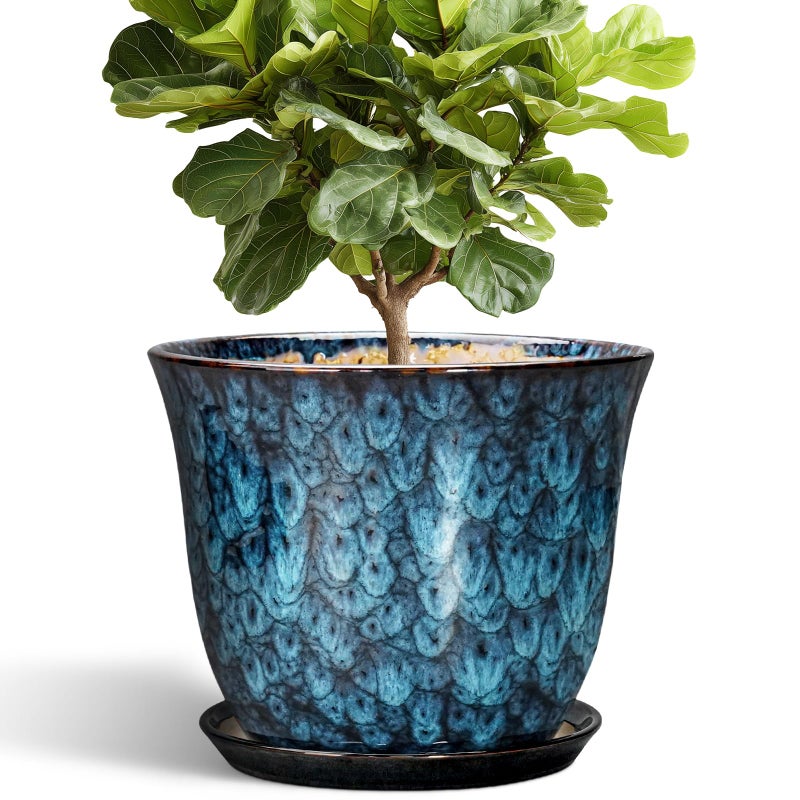 SUNPOTFOR Ceramic Plant Pots - 12 Inch Pots for Plants Indoor Outdoor, Large Round Planter with Drainage Hole and Saucer, Modern Decorative Flower Pot, Home Garden Decor, House Warming Gifts, Blue - Image 1