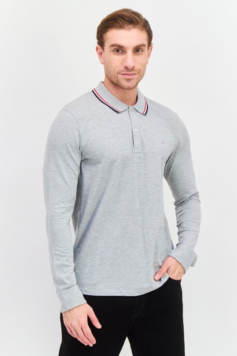 Celio Men Slim Fit Embroidered Long Sleeves Polo, Grey - Image 1