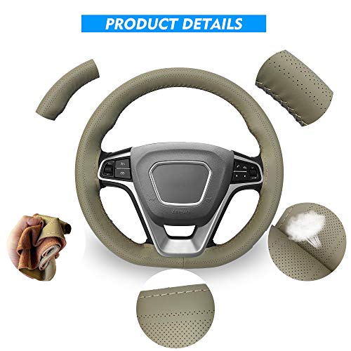 Carodi Leather Steering Wheel Cover, Breathable Non-Slip Design, Soft and Comfortable Feeling, Universal 15 Inch Auto Car Steering Wheel Stitch on Wrap（Size M,Beige） - Image 3