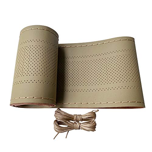 Carodi Leather Steering Wheel Cover, Breathable Non-Slip Design, Soft and Comfortable Feeling, Universal 15 Inch Auto Car Steering Wheel Stitch on Wrap（Size M,Beige） - Image 1