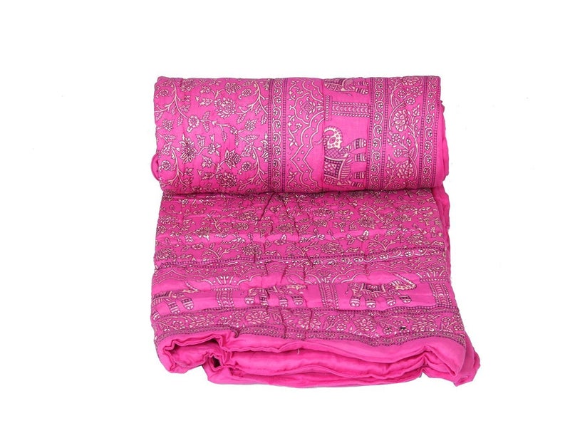 Lilfly Cotton Fiber Filling Single Jaipuri Razai (Pink)